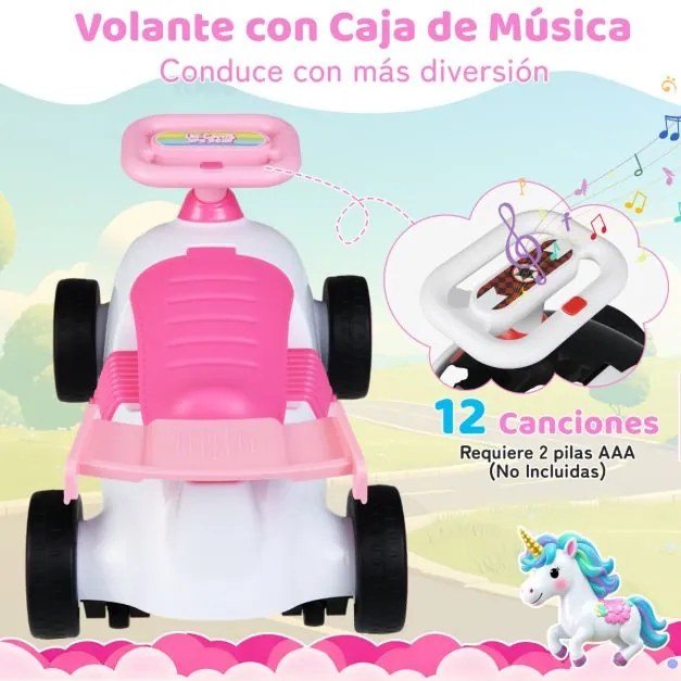 Andarilho infantil Unicórnio com música, arrumação debaixo do assento e rodas universais para crianças dos 19 aos 36 meses Branco + Rosa