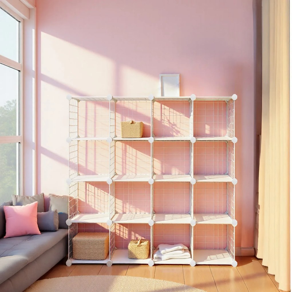 Sistema de prateleiras encaixáveis arrumação com 16 cubos de grelha 123 x 31 x 123 cm (L x P x A) branco