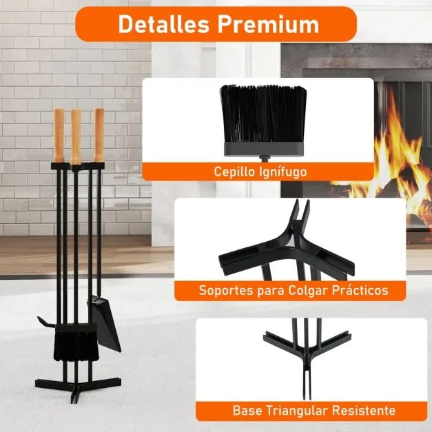 Conjunto de 4 utensílios para lareira com atiçador, pá, escova e suporte. Utensílios com cabo de madeira preta e natural.