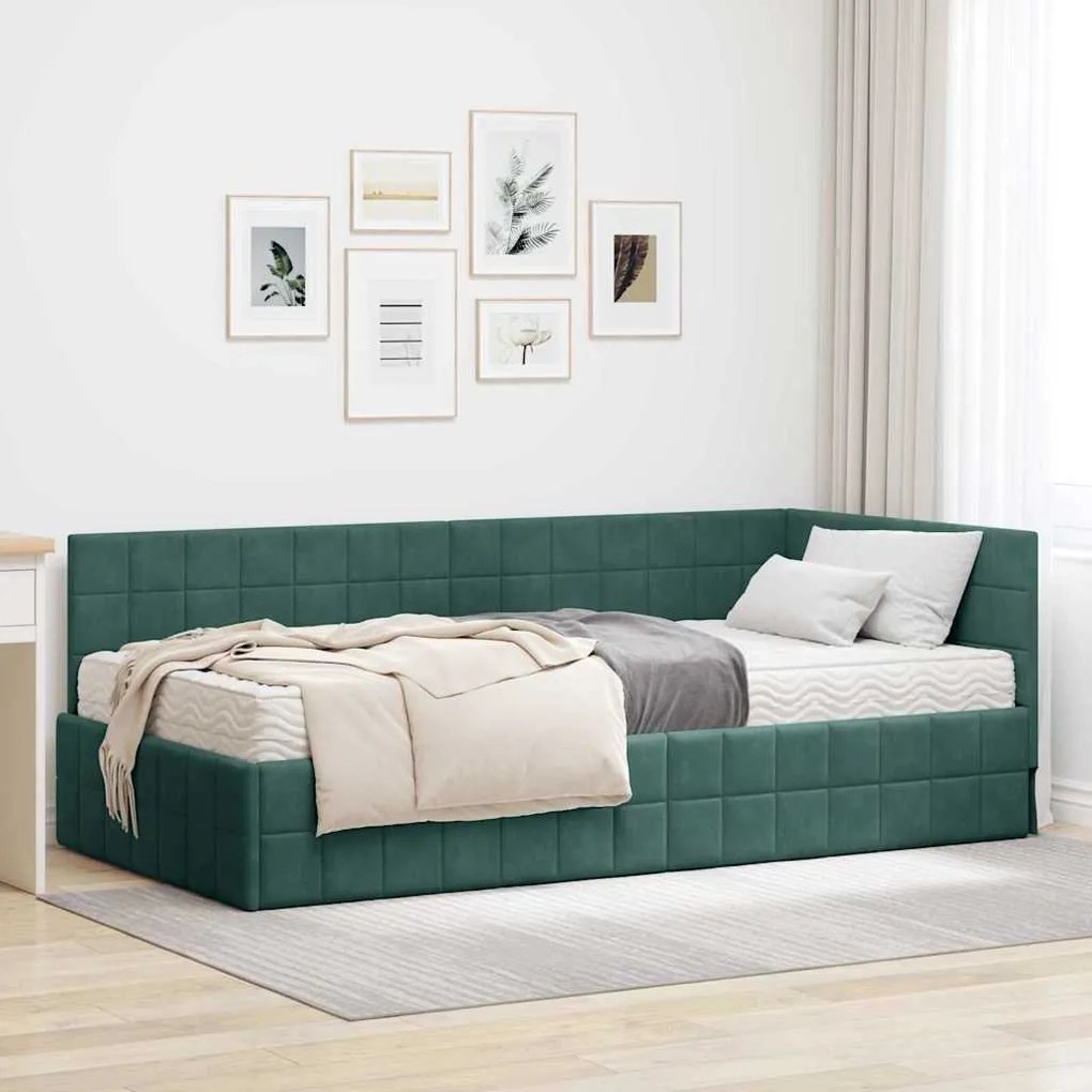 vidaXL Estrutura de Cama de Canto com Colchão 2 pcs Verde Veludo