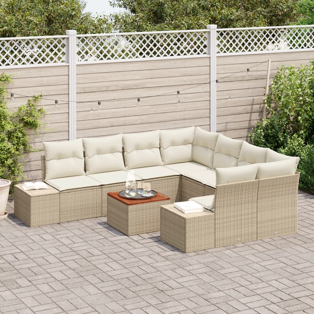 Conjunto de Sofá de Jardim de 9 Peças com Almofadas Bege Polirattan Ac
