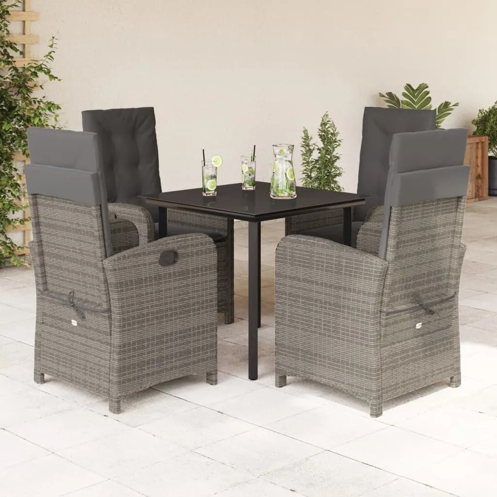 5 pcs conjunto de jantar p/ jardim c/ almofadões vime PE cinza