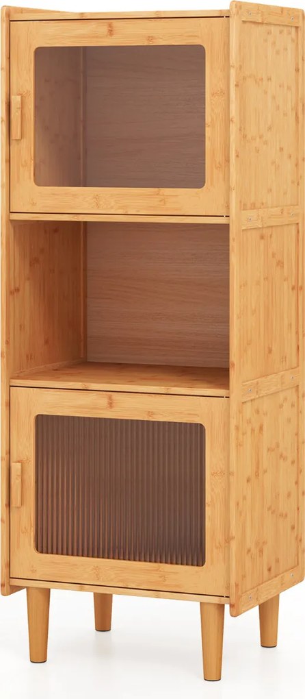 Estante de cozinha em bambu 49,5 x 40 x 130 cm com 3 cubos e compartimento aberto 2 portas em acrílico natural