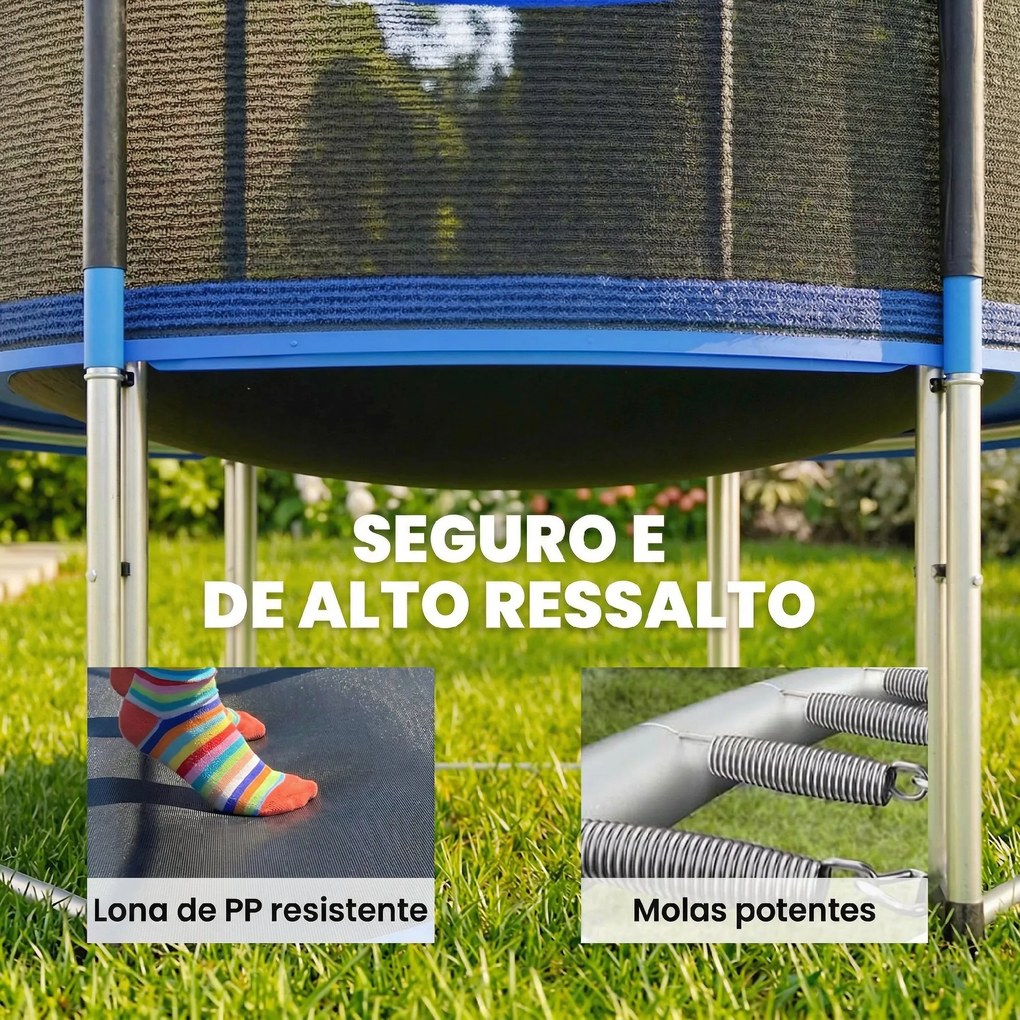 Trampolim Exterior Ø183 cm Trampolim para Crianças com Rede de Segurança Escada e Acolchoamento de Molas Azul