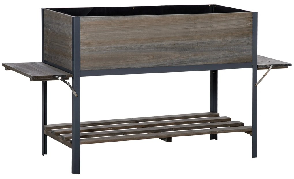 Outsunny Horta Vertical Elevada de Madeira 140x46x75,5cm Mesa de Cultivo de Jardim com 2 Prateleiras Laterais e 2 Orifícios Cinza | Aosom Portugal