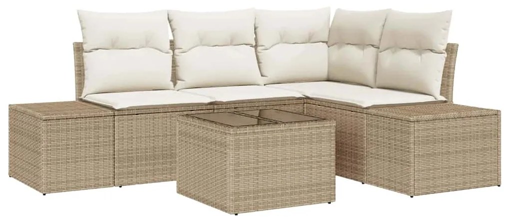 Conjunto de Sofá de Jardim de 5 Peças com Almofadas Marrons em Rattan