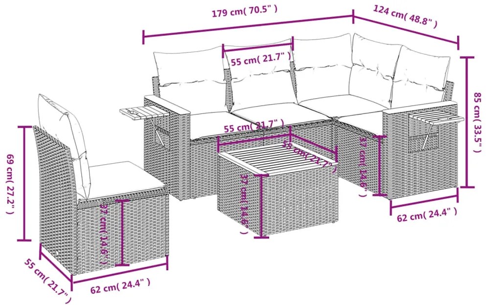 6 pcs conjunto sofás de jardim com almofadões vime cinzento