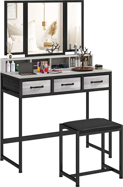 Toucador de Maquilhagem 90x40x141 cm com Espelho Tríptico Removível, Banco Prateleiras e Suporte para Secador Cinzento