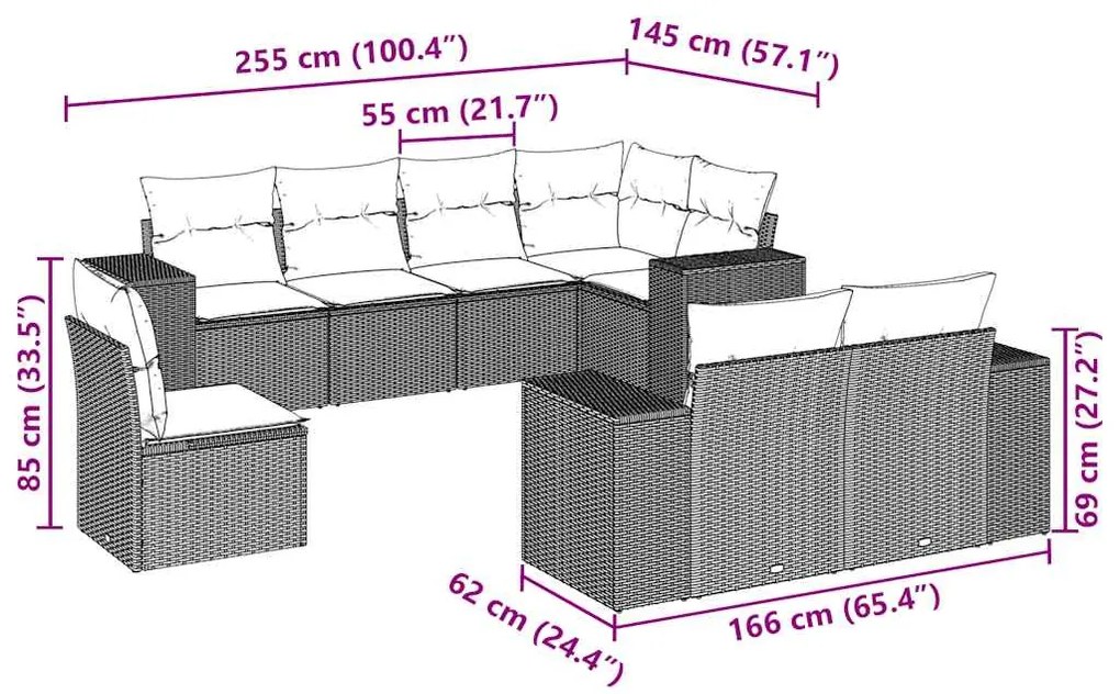 8 pcs conj. sofás jardim c/ almofadões vime PE cinzento-claro
