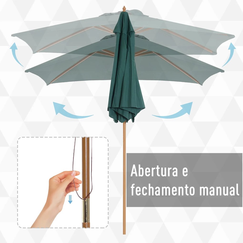 Chapéu de Sol Ø250x230cm Chapéu de Sol com Mastro de Madeira com 6 Has