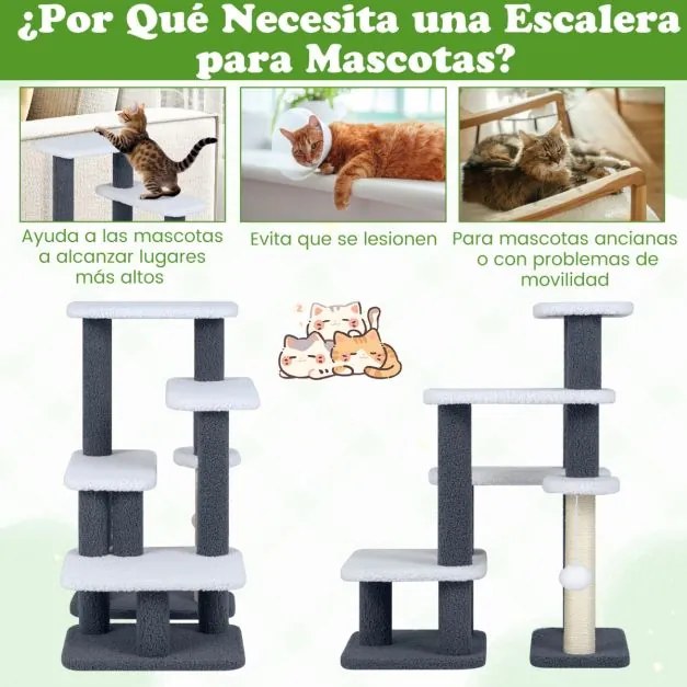 Escada para gatos e cães 62 x 41 x 77 cm,  2 em 1 com arranhador de juta e sisal, 3 plataformas e 4 degraus para camas altas, sofás e interiores cinza