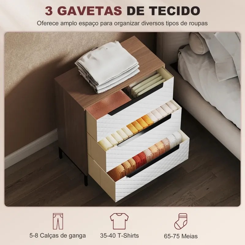Cómoda com 3 Gavetas de Tecido Frentes com Padrão de Diamante 59,5x30x73,5 cm Móvel de Arrumação Madeira e Branco