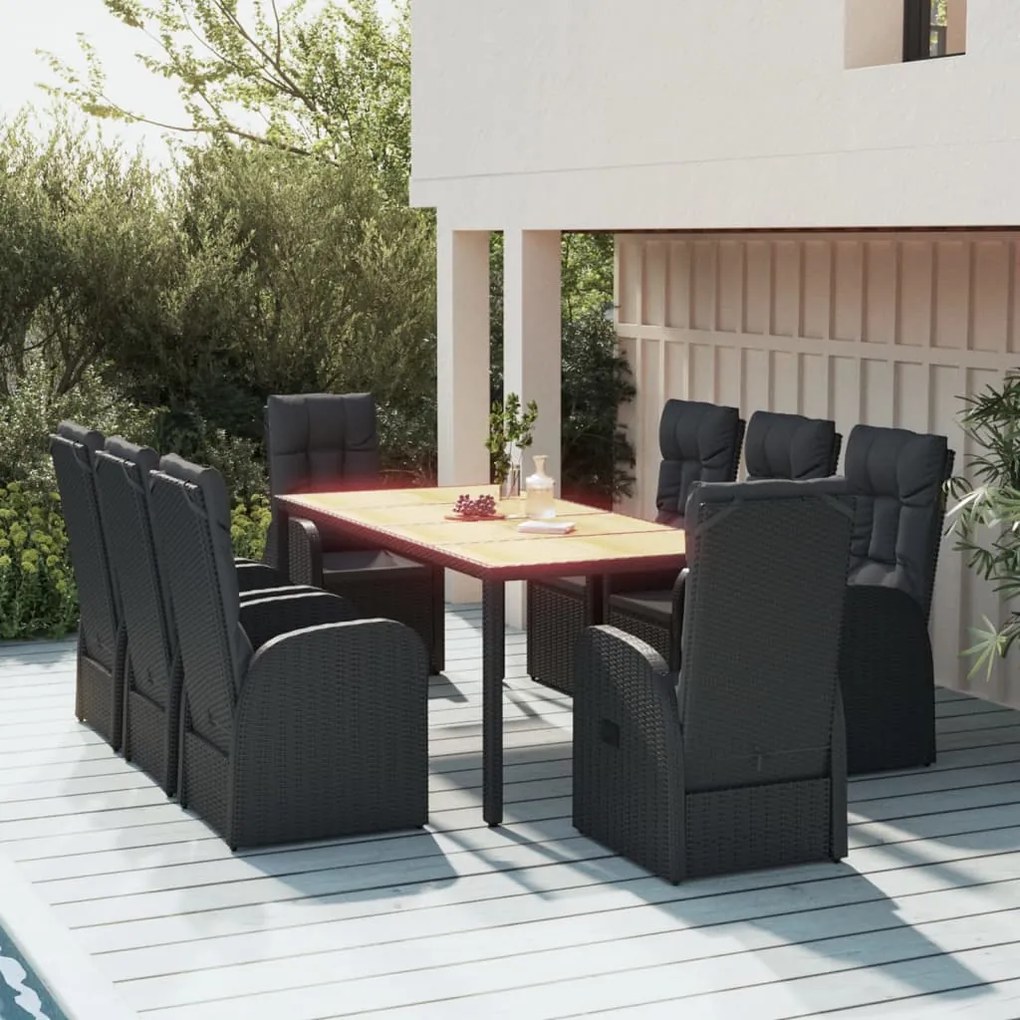 vidaXL 9 pcs conjunto de jantar p/ jardim c/ almofadões vime PE preto