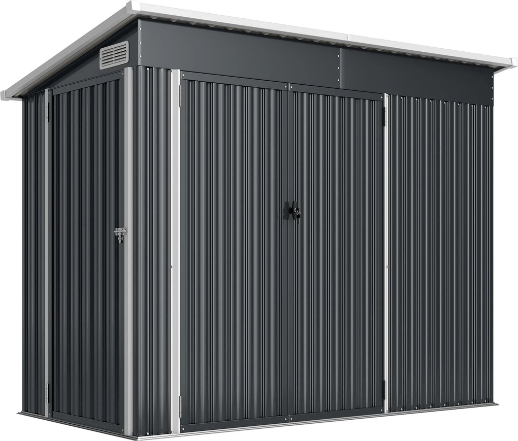 Abrigo de Jardim Exterior 2,7 m² 234x132x185 cm com Três Portas Fechadura e Grelhas de Ventilação Cinzento