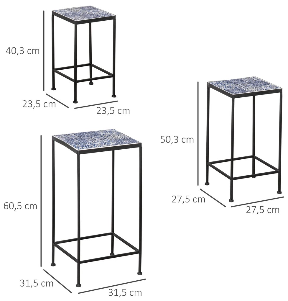 Suporte para Vasos de Metal 3 Peças Empilháveis Suporte para Plantas com Bancada de Azulejo Decorativa para Interiores e Exteriores 31,5x31,5x60,5 cm