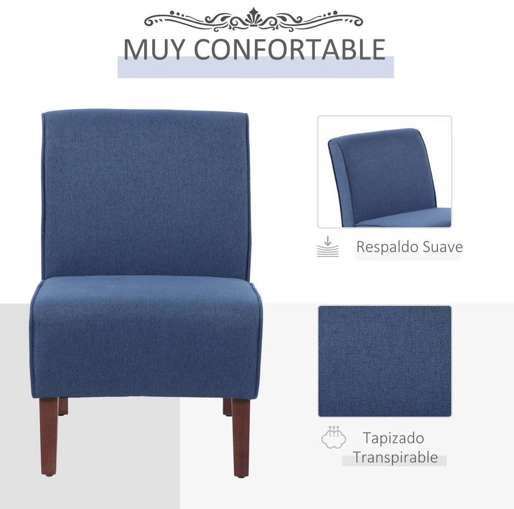 HOMCOM Poltrona de jantar Sala de estar sem braços Cadeira individual com assento acolchoado e pernas de madeira 57x76x83,5 cm Azul