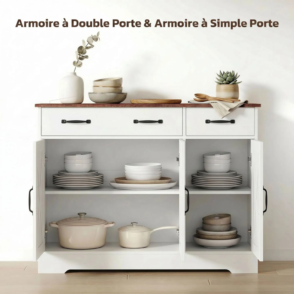 Aparador de cozinha 108 x 40 x 81 cm, móvel de arrumação com 3 portas de estilo celeiro, 2 gavetas e prateleiras ajustáveis, branco, castanho
