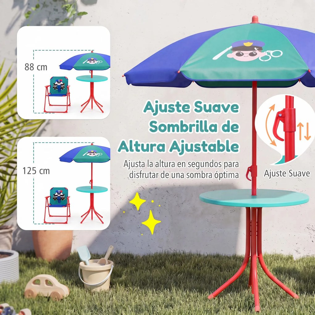 Conjunto de piquenique infantil de 4 peças com 2 cadeiras dobráveis e guarda-sol de altura ajustável para crianças dos 3 aos 6 anos, para jardim ou pá