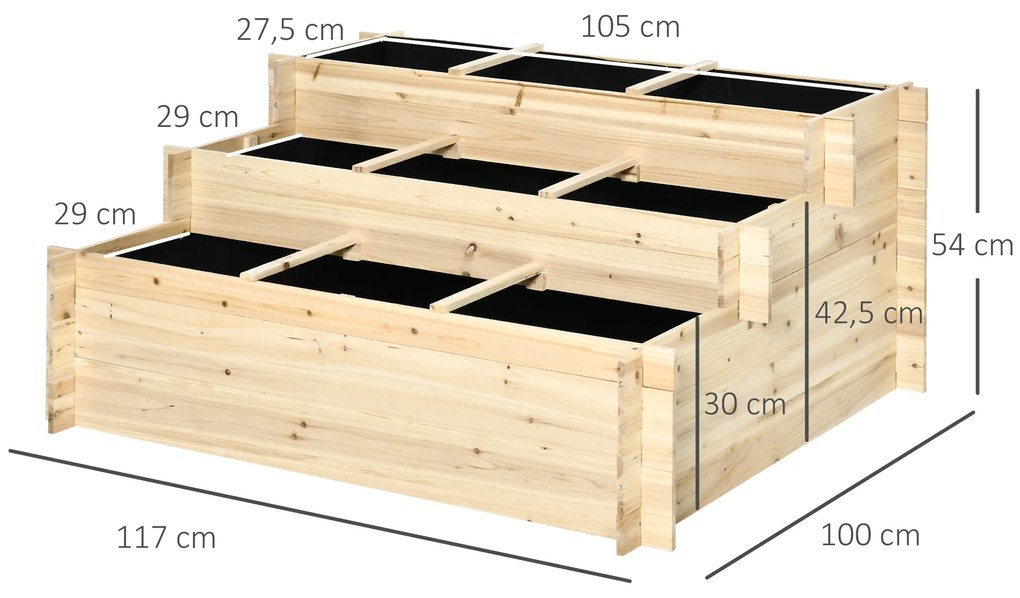 Outsunny Caixa de Plantio de Madeira de 3 Níveis Horta Vertical em Escada com Malha Geotextil para Cultivos de Plantas Flores para Jardim Terraço Exterior 117x100x54cm Natural