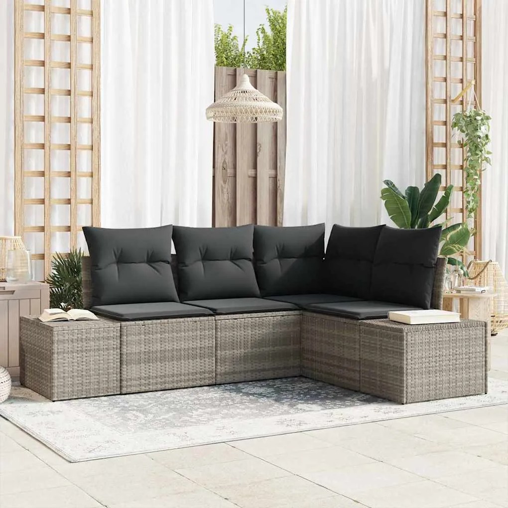 Conjunto de sofá de jardim de 4 peças com almofadas cinza claro em pol