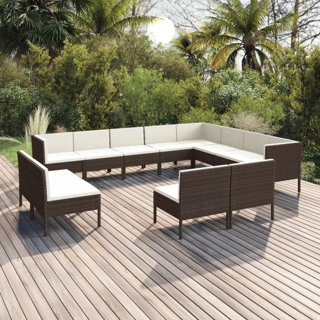 vidaXL 12 pcs conjunto lounge jardim c/ almofadões vime PE castanho