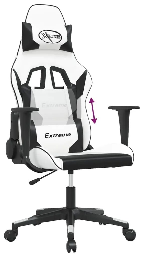 Cadeira gaming massagens couro artificial branco e preto