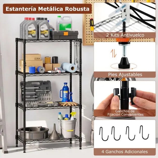 Estante metálica 59 x 34 x 108 cm ajustável de 4 níveis com grelha de arame com capacidade para 272 kg para casa, cozinha, garagem, escritório Preta