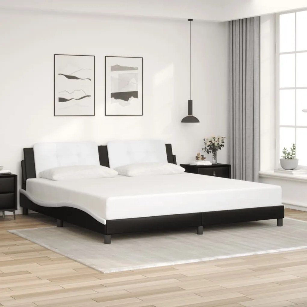 Estrutura de cama c/ cabeceira couro artificial preto e branco