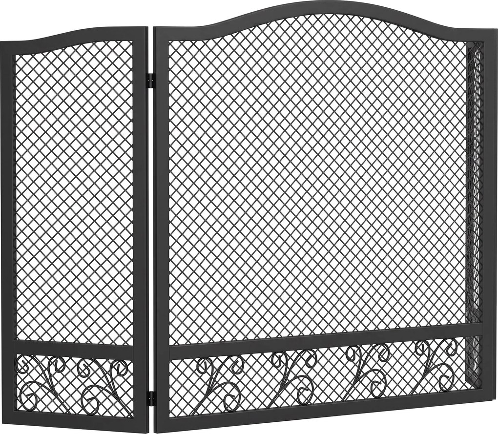 Resguardo Anti-Faíscas para Lareira Dobrável de 3 Painéis em Metal com Design Floral para Casa 107x60 cm Preto