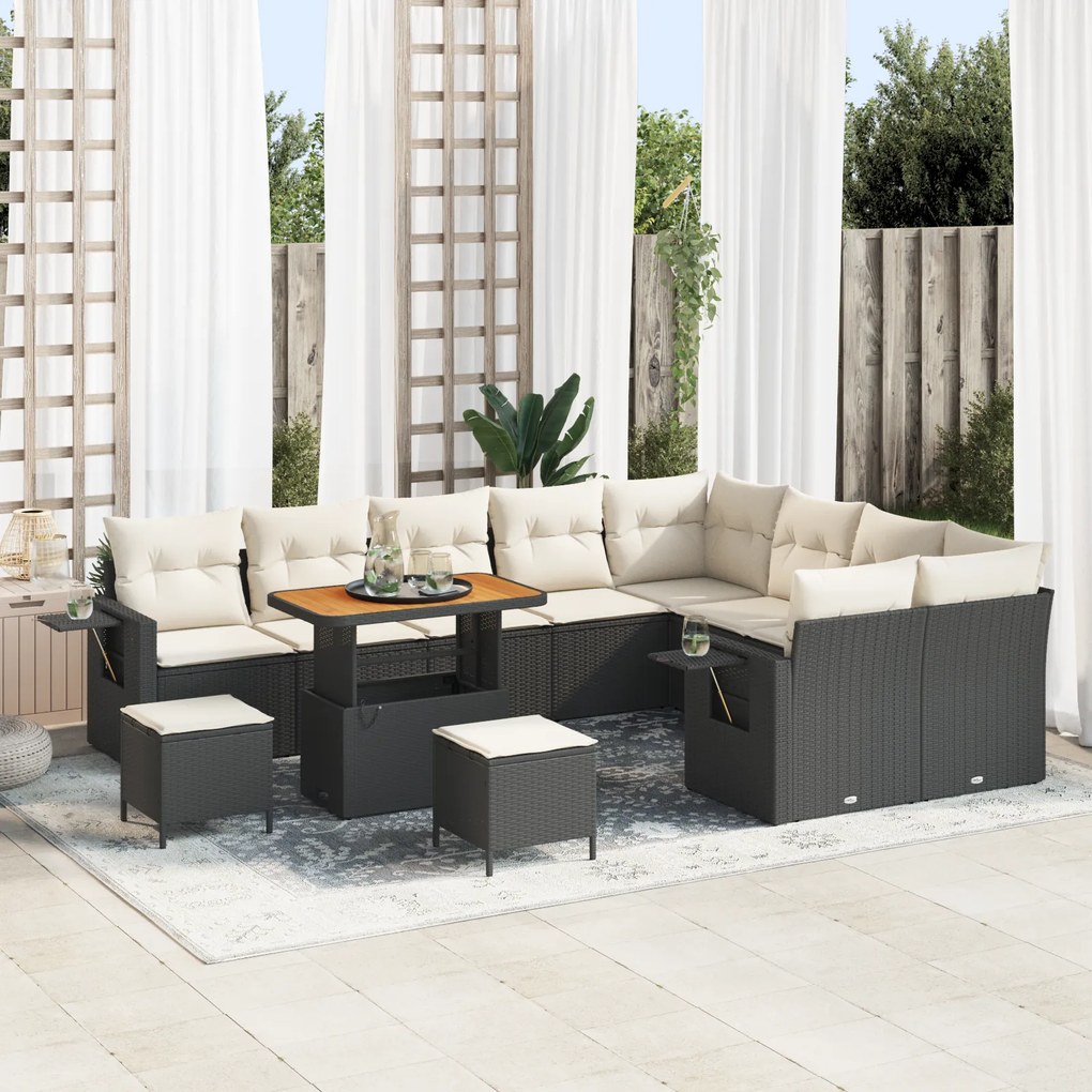 Conjunto de Sofá de Jardim de 12 Peças Com Almofadas Preto Rattan Poliacácia
