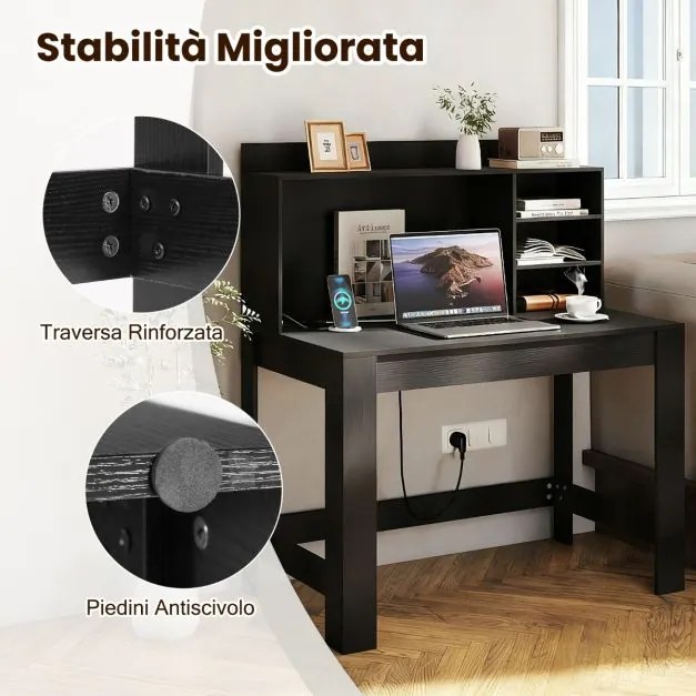 Secretária de computador 108 x 60 x 125 cm com estante com tomadas e orifício para cabos Preta