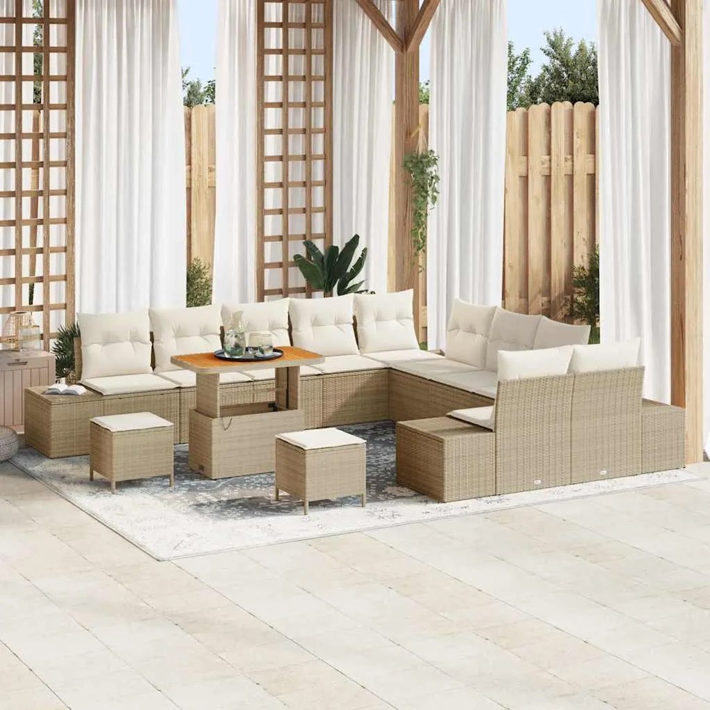 vidaXL Conjunto de Sofá de Jardim com 13 Peças e Almofadas Bege em Rattan Sintético e Acácia.