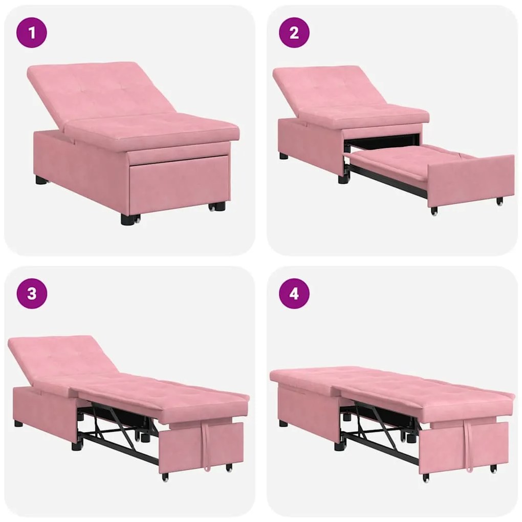 Sofá-cama 3 em 1 Design Retrátil Veludo Rosa