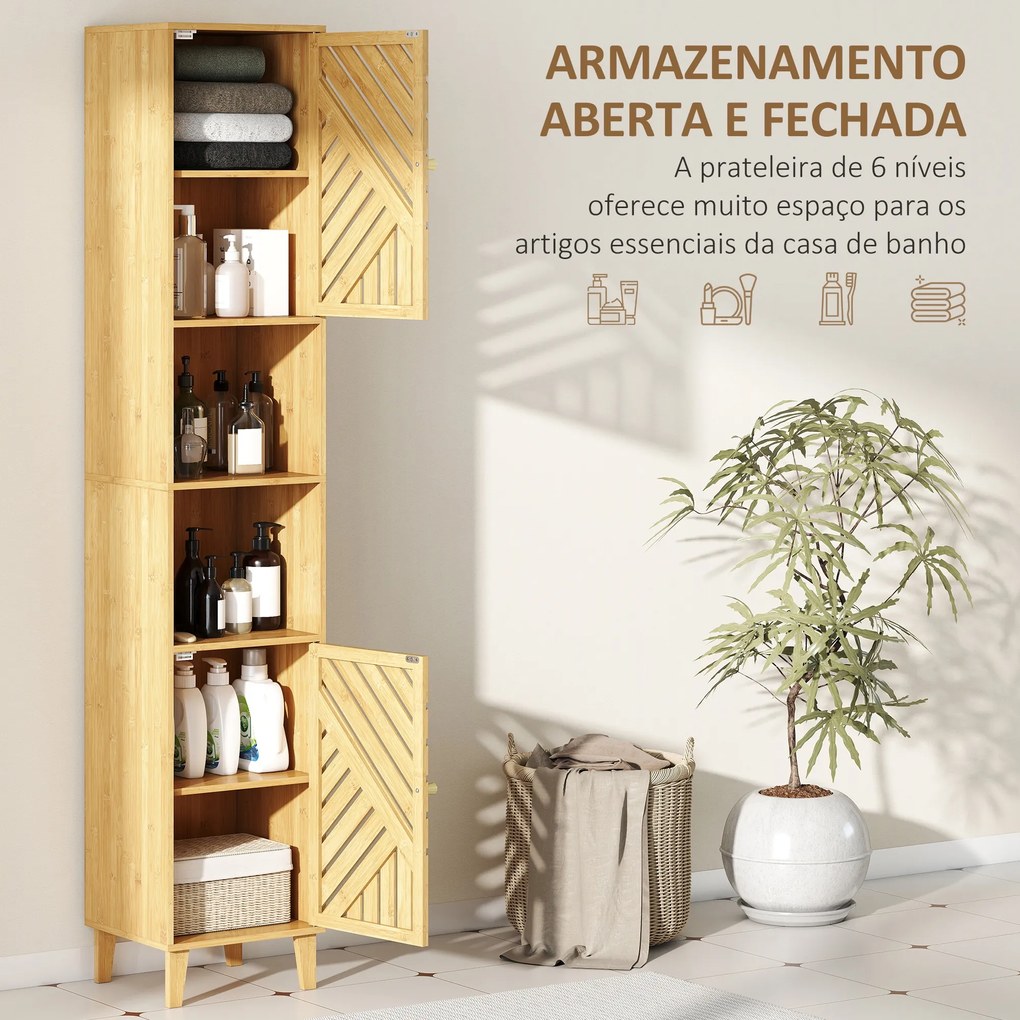 Coluna de Casa de Banho Estreita Armário de Casa de Banho Alto com Portas e Pés de Bambu 32x30x170 cm Madeira