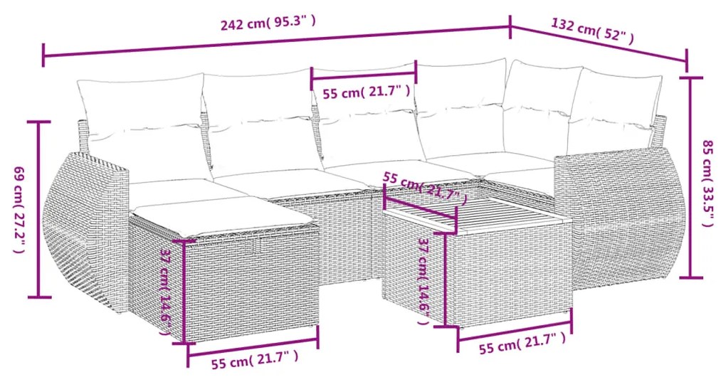 7 pcs conjunto de sofás p/ jardim c/ almofadões vime PE preto