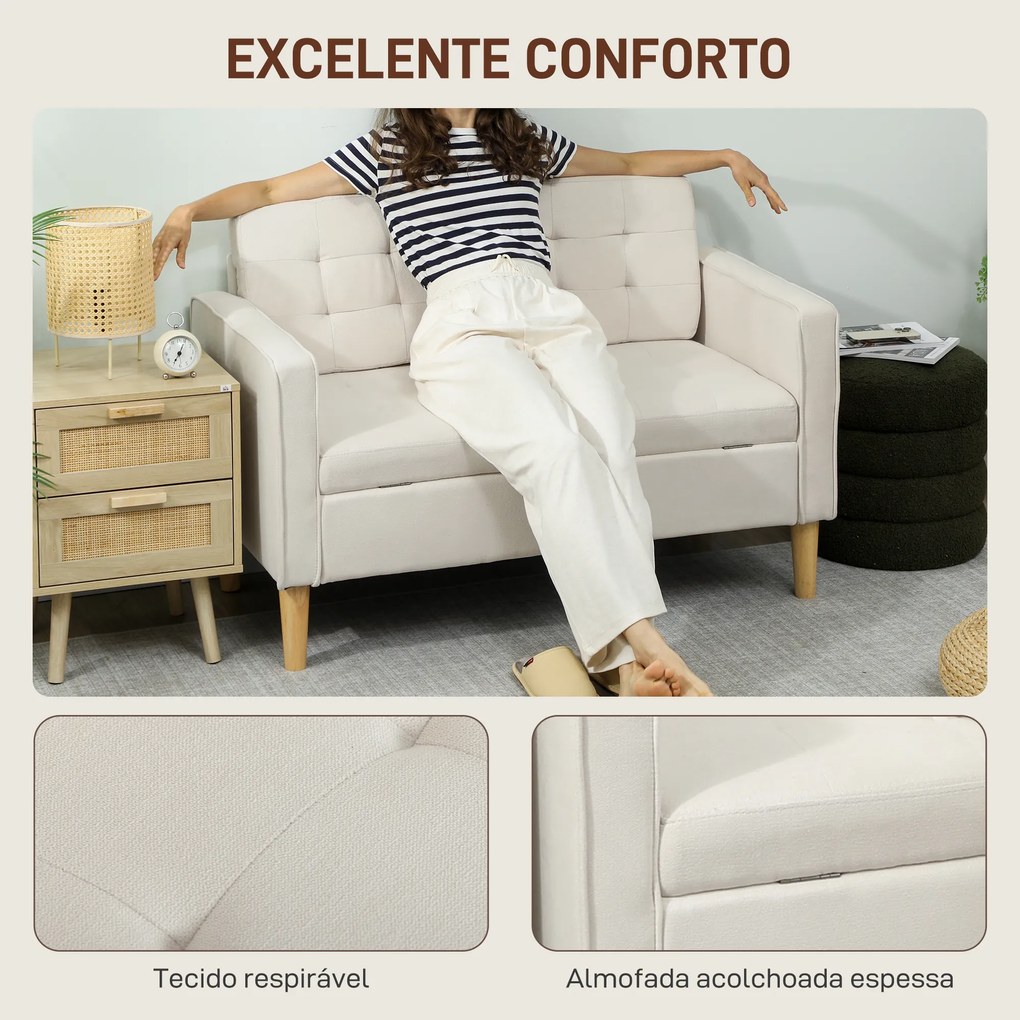 Sofá de 2 Lugares com Espaço de Armazenamento Pés de Madeira Encosto Capitonê 117x62x78 cm Creme