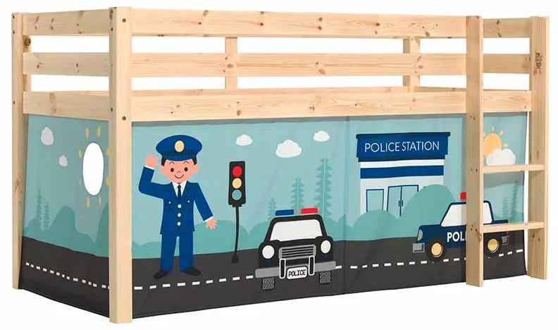 Cama alta de Criança PINO 90 x 200 cm + estrado + escada + cortina Policia Natural