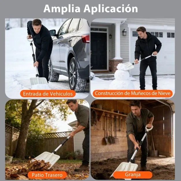 Pá para neve leve com cabo ergonómico e haste de alumínio resistente para entradas de carros, calçadas, jardins Branca