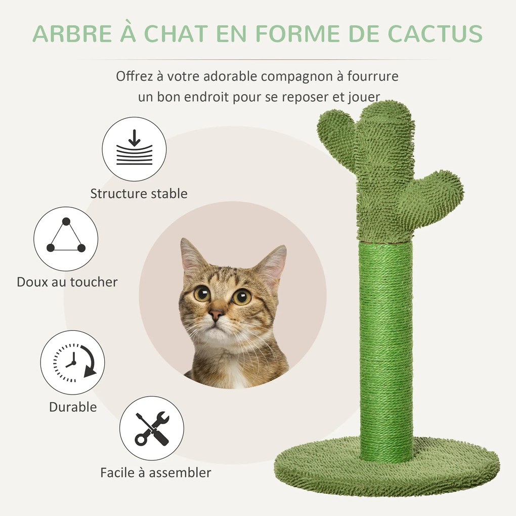 Arranhador para gatos 40 x 40 x 65 cm de interior em forma de cacto, árvore para gatos em sisal resistente com base, verde