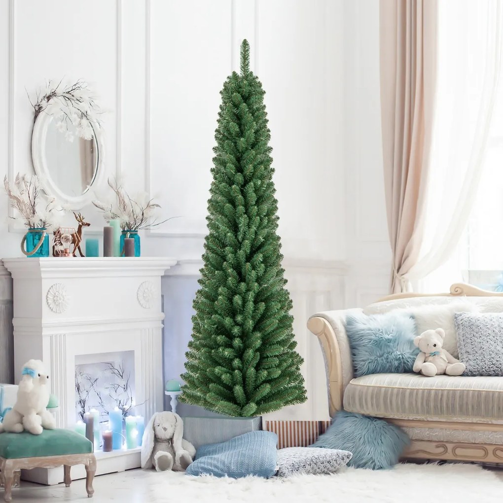 Árvore de Natal Artificial 180 CM forma Lápis com 392 pontas de ramos Base de fio de memória Base de metal Decoração de árvore fina Verde