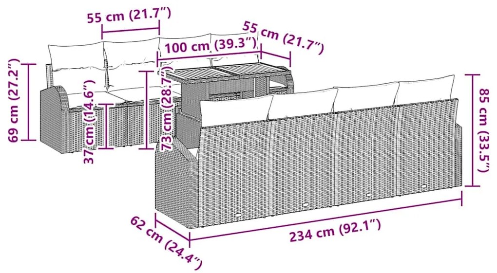 Conjunto de Jantar para Jardim com 9 Peças e Almofadas de Rattan Beige