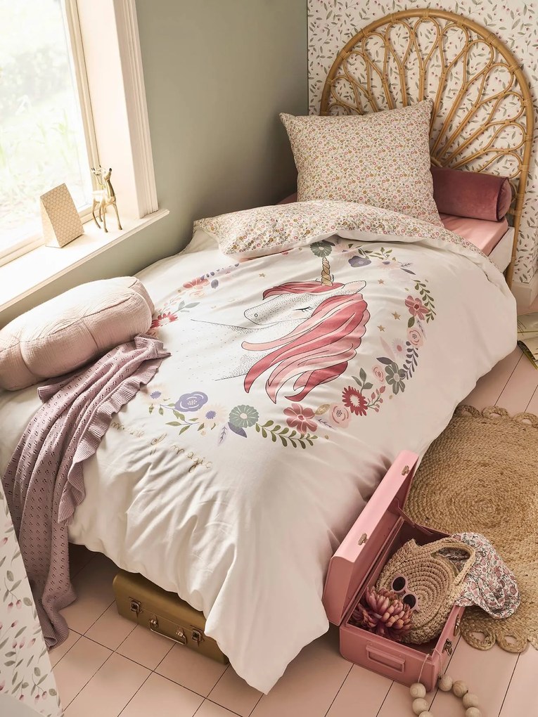 Conjunto capa de edredon + fronha de almofada para criança, com algodão reciclado, Pequeno Unicórnio branco estampado