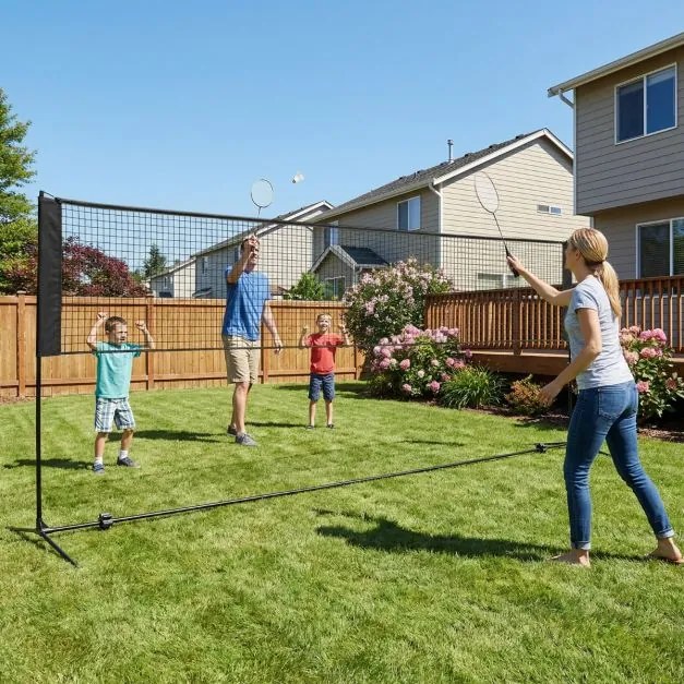 Rede de Badminton 420 cm Portátil Ajustável em Altura com Postes, Bolsa de Transporte e 2 Penas para Interior e Exterior Preta