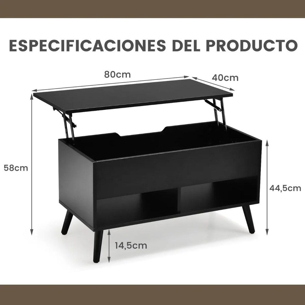 Mesa de centro com tampo elevável 80 x 40 x 46 cm, compartimento oculto e 2 prateleiras para sala de estar Preta