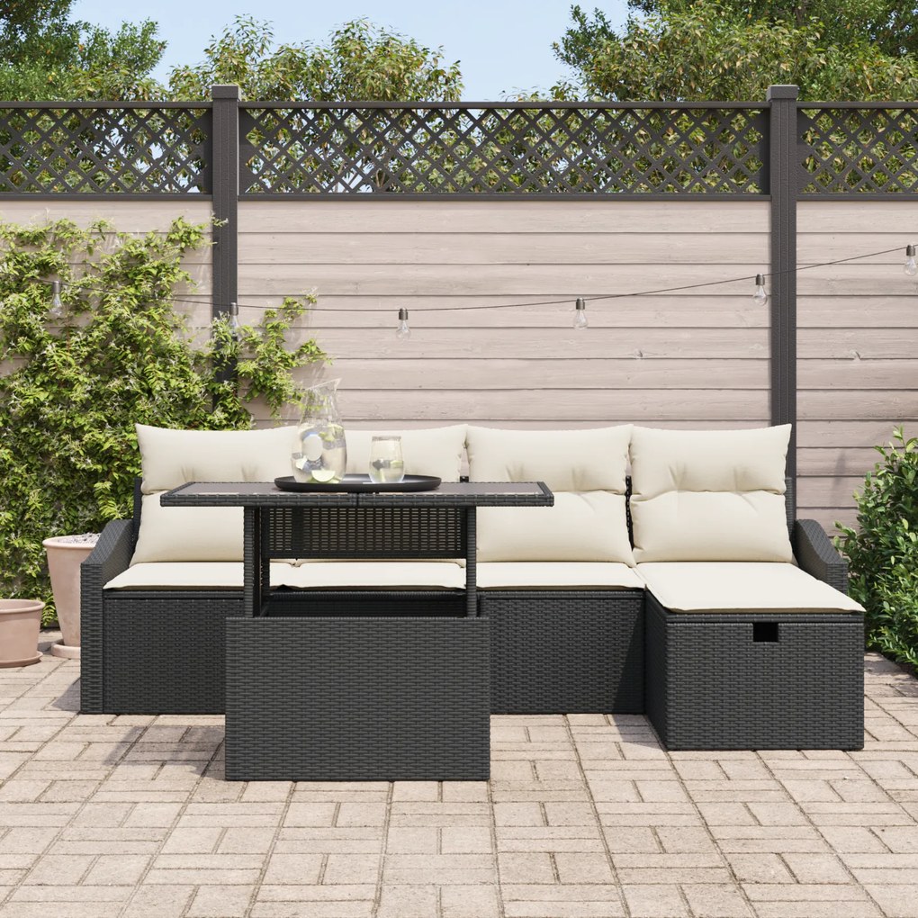 Conjunto de Sofá de Jardim 6 Peças com Almofadas Rattan Preto