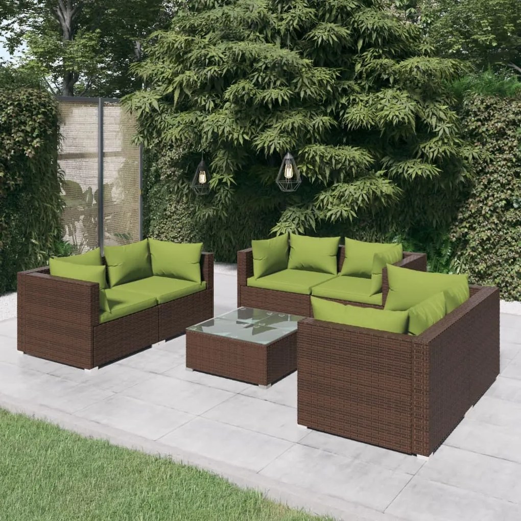3102308 vidaXL 7 pcs conjunto lounge jardim c/ almofadões vime PE castanho
