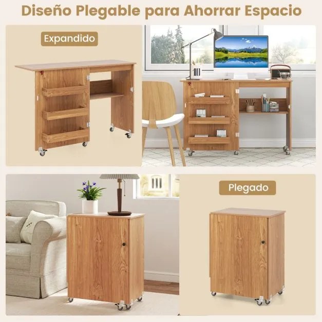 Mesa de costura dobrável com prateleira, 3 compartimentos ocultos e rodas bloqueáveis, 118,5 x 40 x 79,5 cm, natural