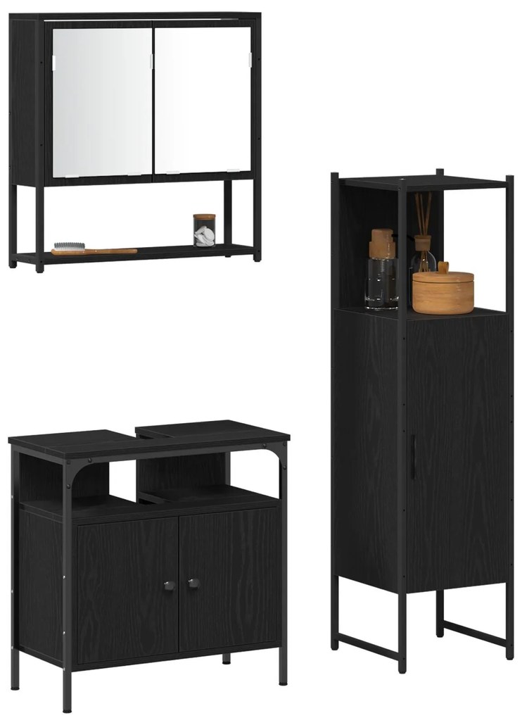 Conjunto de Móveis de Casa de Banho 3 Peças Carvalho Preto Madeira Eng