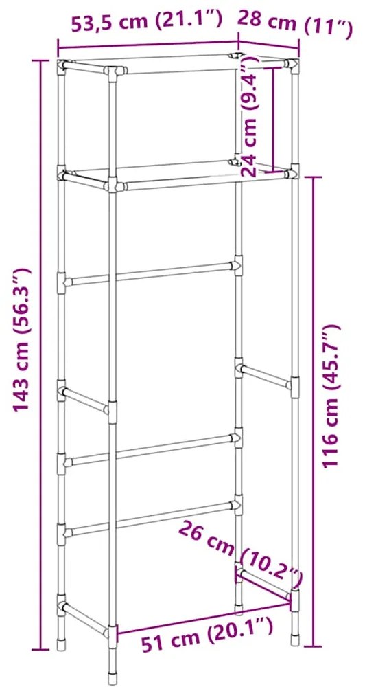 Estante arrumação p/ sanita 2 níveis 53,5x28x143 cm ferro preto