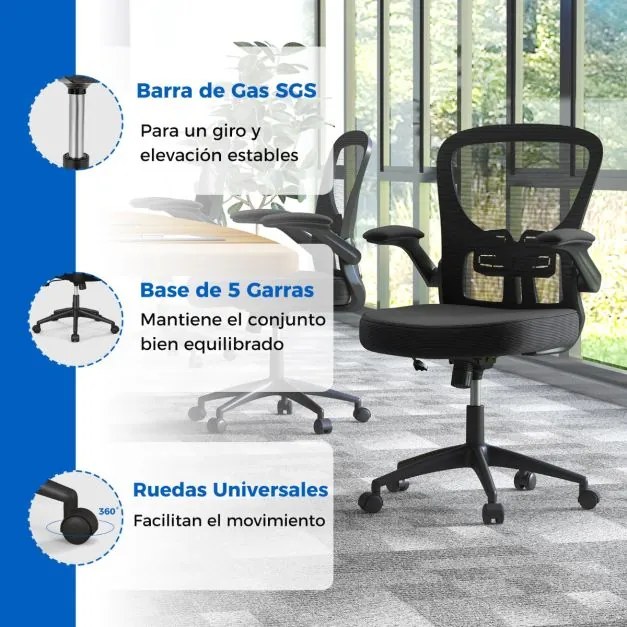 Cadeira de escritório ergonómica de malha com apoios de braços rebatíveis, apoio lombar ajustável e encosto oscilante 90°-120° Preto